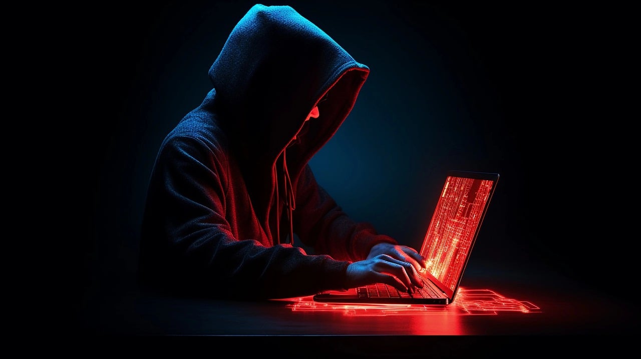 a hacker in hoody - ai generated image to depict a hacker trying something on a laptop